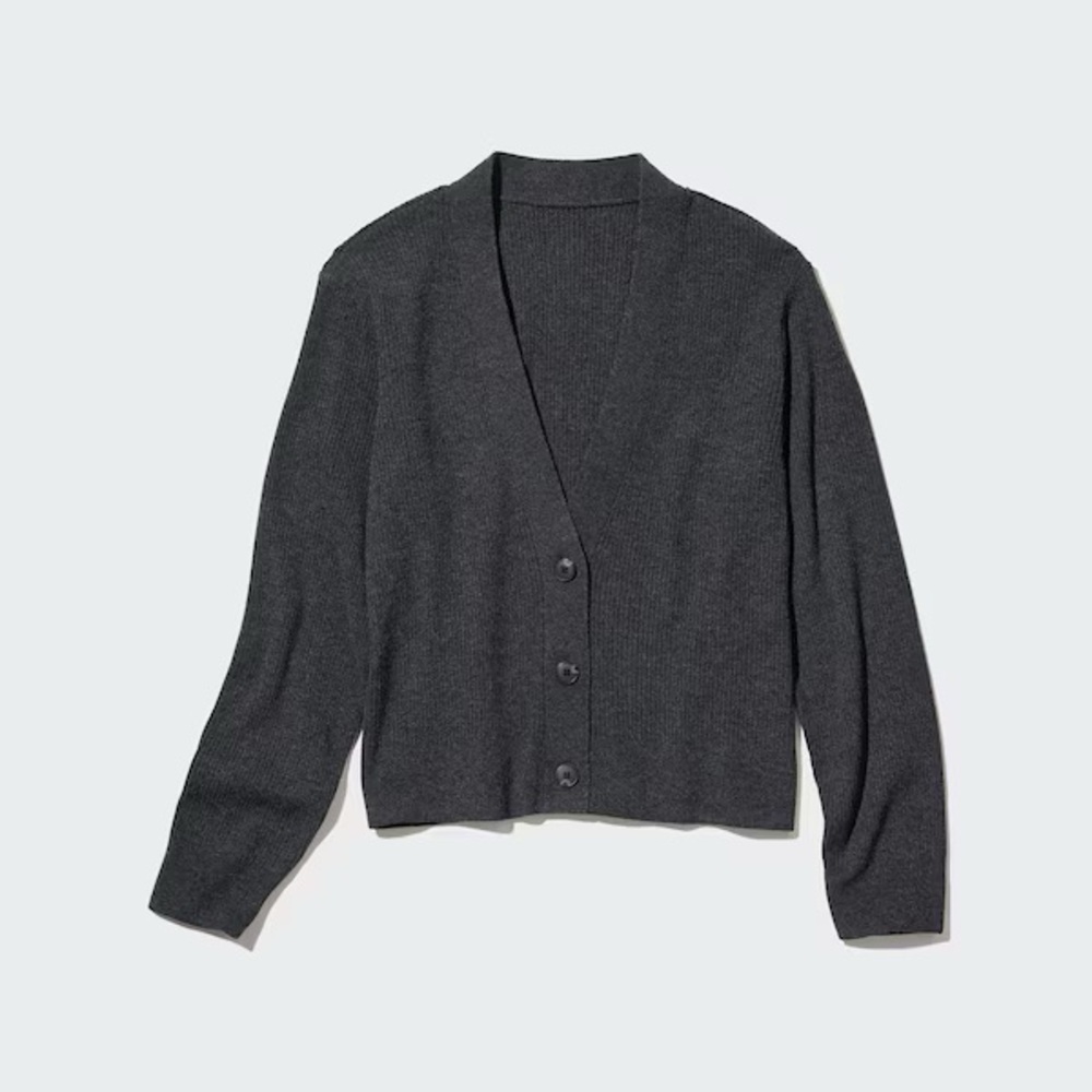 Uniqlo Charcoal Cardigan Sweater (Washable Ribbed Knit Cardigan)